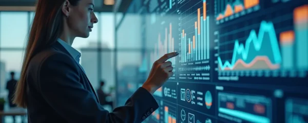 Photo réaliste d'une entreprise moderne avec un comptoir d'énergie digital et un cadre professionnel analysant des graphiques énergétiques, éclairage cinématographique naturel, textures détaillées, bokeh doux en arrière-plan