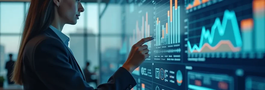 Photo réaliste d'une entreprise moderne avec un comptoir d'énergie digital et un cadre professionnel analysant des graphiques énergétiques, éclairage cinématographique naturel, textures détaillées, bokeh doux en arrière-plan