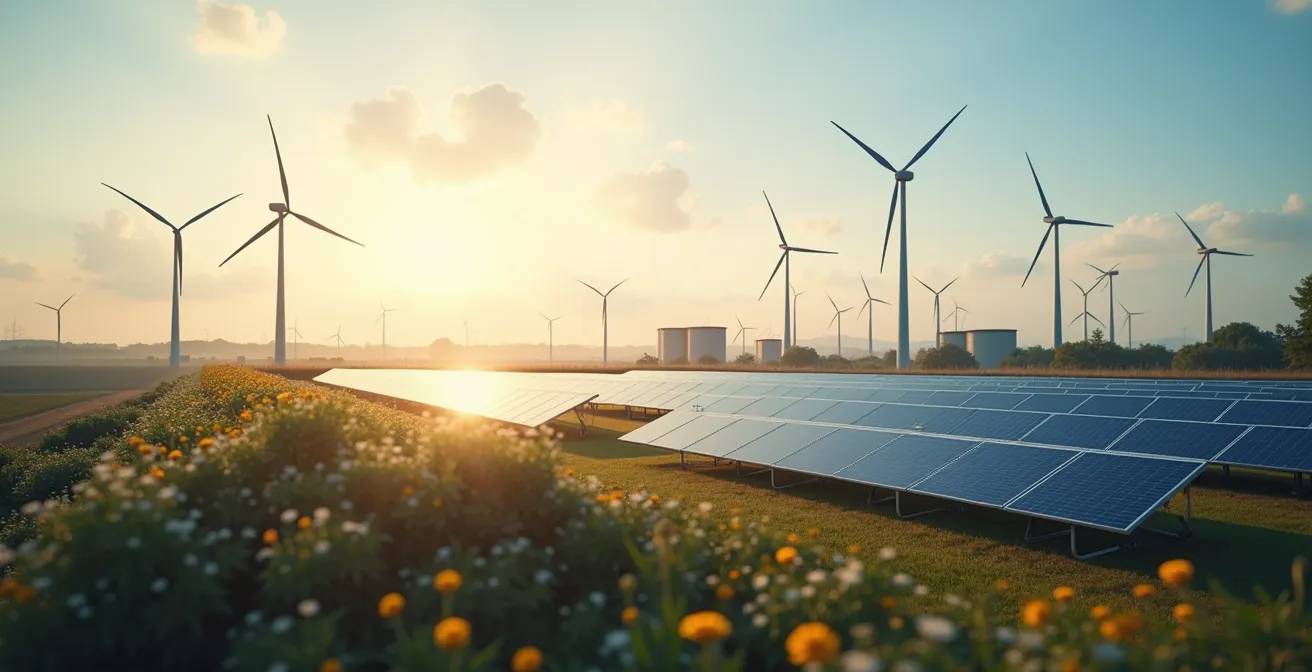 Vue industrielle panoramique avec des panneaux solaires et éoliennes sous un ciel clair, lumière naturelle douce mettant en valeur la technologie avancée et l'intégration écologique