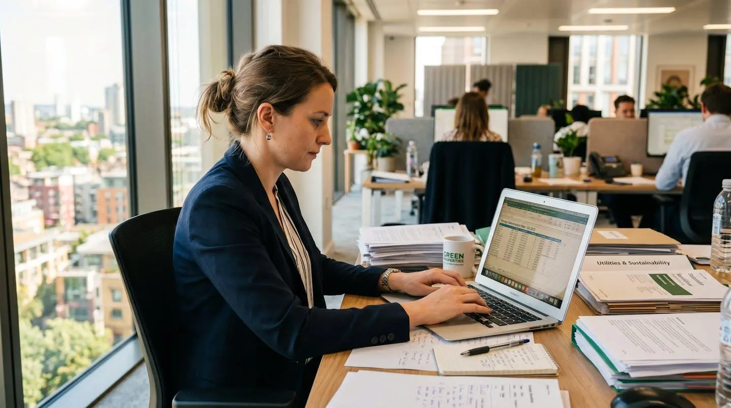 Gestionnaire de patrimoine immobilier tertiaire saisissant des données de consommation énergétique sur un ordinateur portable dans un open space lumineux