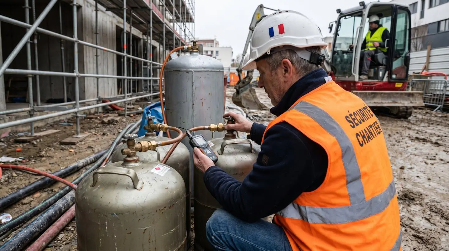 Responsable sécurité vérifiant les connexions d'une citerne de propane sur un chantier extérieur avec équipements de protection