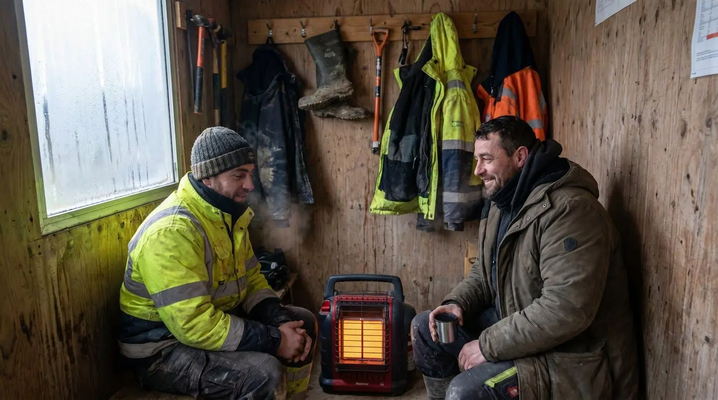 Ouvriers du BTP utilisant un appareil de chauffage au propane dans une base vie de chantier temporaire