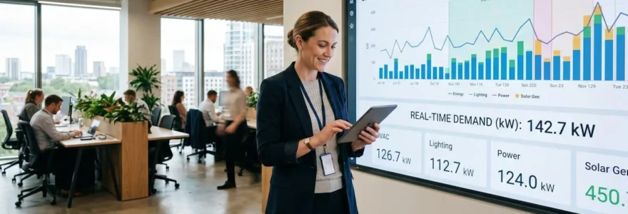 Responsable facility management consultant un tableau de bord de suivi énergétique sur grand écran dans un immeuble tertiaire moderne
