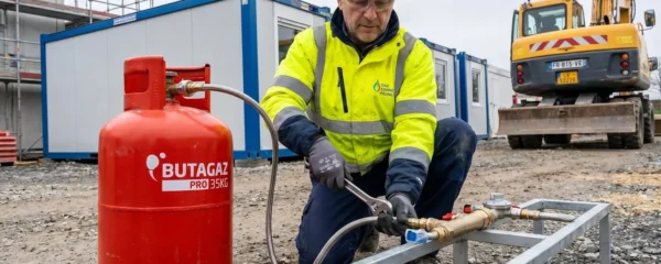 Technicien professionnel raccordant une citerne de gaz propane sur un chantier de construction en extérieur