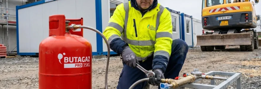 Technicien professionnel raccordant une citerne de gaz propane sur un chantier de construction en extérieur